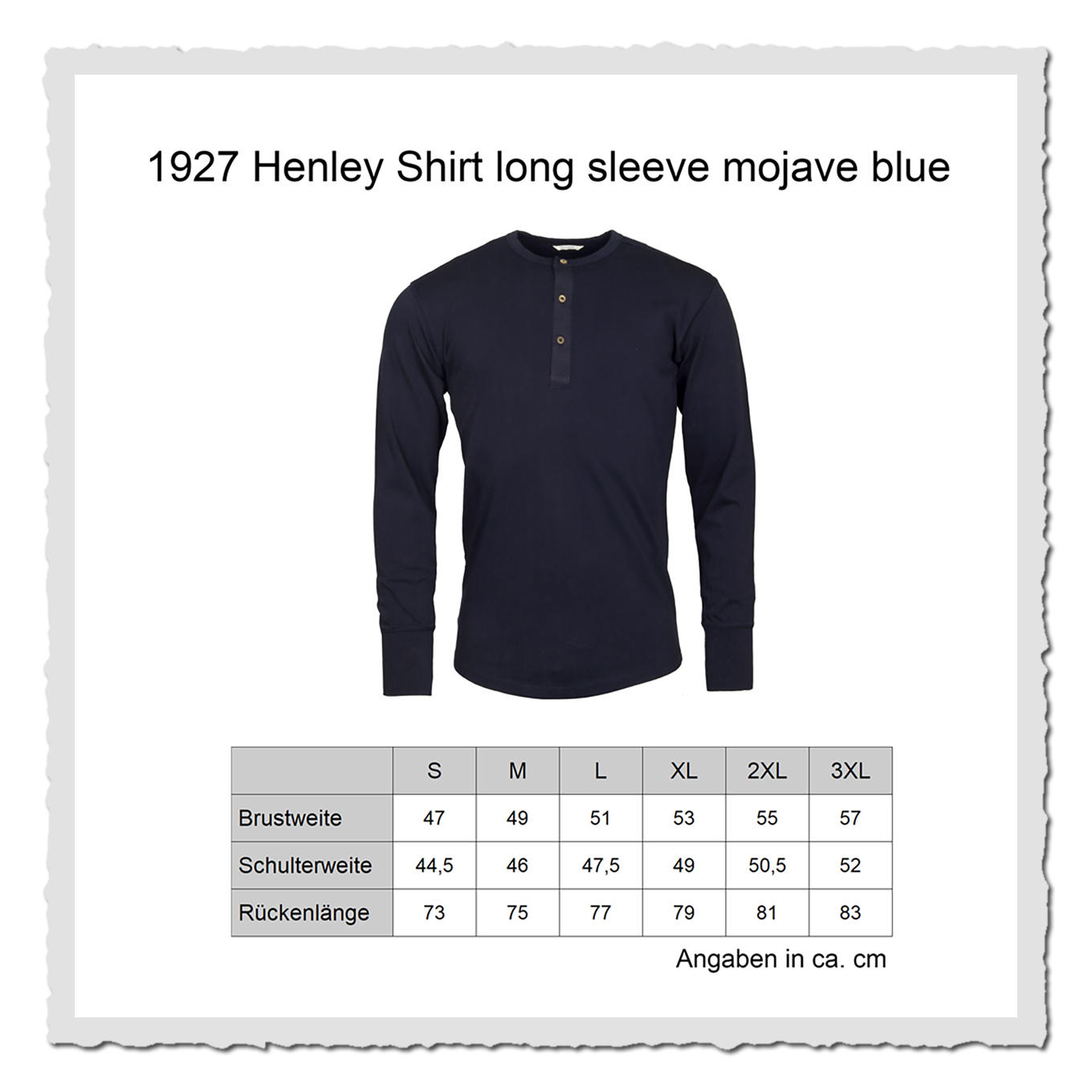 Größentabelle zum dunkelblauen Langarmshirt mit Produktabbildung auf hellgrauem Hintergrund.